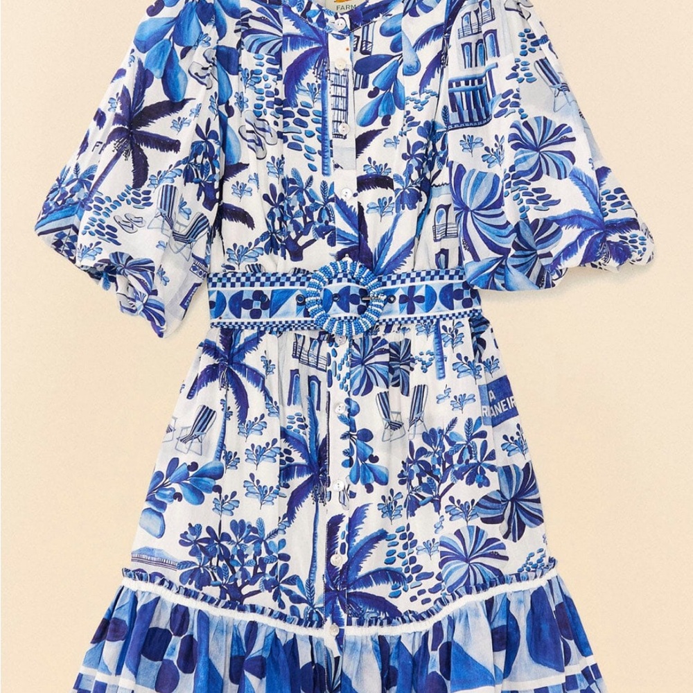 FARM Rio Blue Tropical Toile Button Front Puff Sleeve Mini Dress